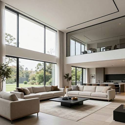 Modern living room photograph featuring large floor-to-ceiling windows, white sectional sofas, black coffee table, potted plants, and a minimalist kitchen area.