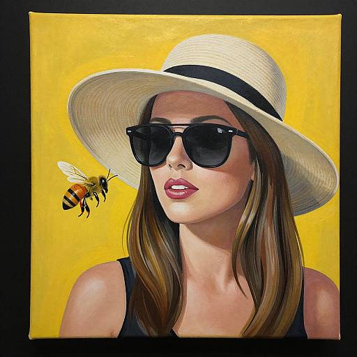 Digital pop art portrait of a brown-haired woman in a white hat, black sunglasses, and black tank top, with a bee on her left cheek against