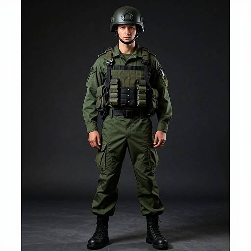 Photograph of a male soldier in dark green uniform, black tactical vest, helmet, and boots, standing against a black background.