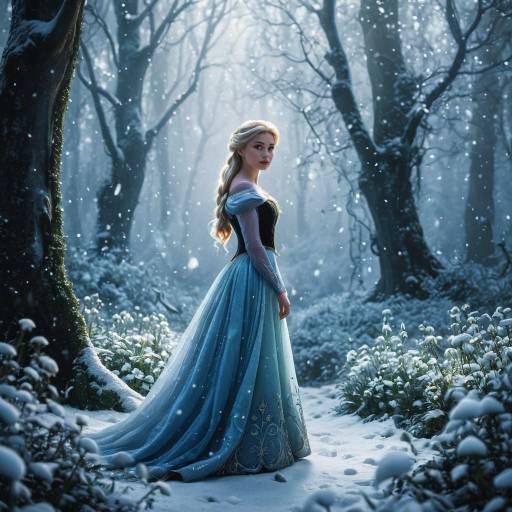 Woman in Blue Dress in Snowy Enchanted Forest