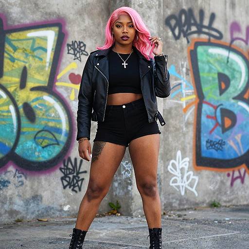 Photograph of a confident Black woman with pink hair, wearing a black leather jacket, crop top, high-waisted shorts, and boots, standing