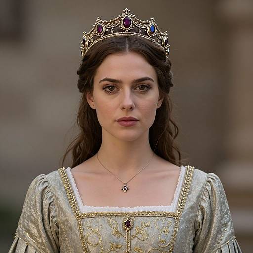 Photograph of a young woman with long brown hair, wearing an ornate gold crown with jewels, and an elaborate silver gown with gold embroidery and white