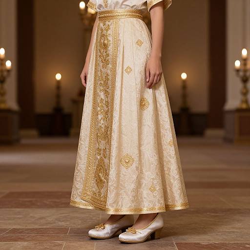 Photograph of a person wearing an ornate, cream and gold embroidered skirt and white satin shoes, standing in a dimly lit, elegant room with