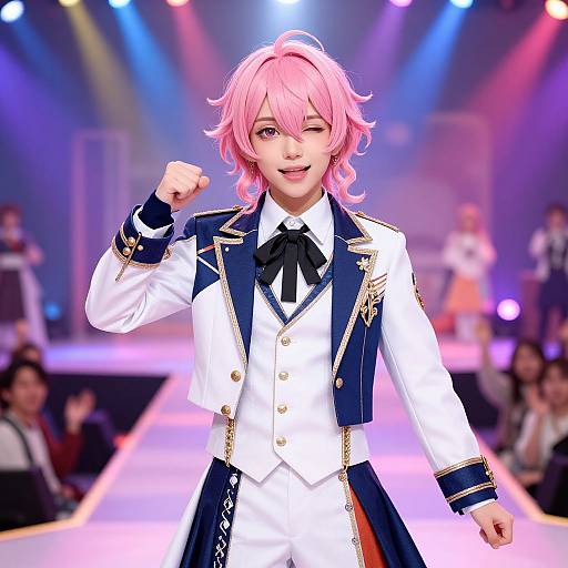 Photograph of a pink-haired anime-style male performer in a white, navy-trimmed military-inspired outfit, winking and punching the air on a