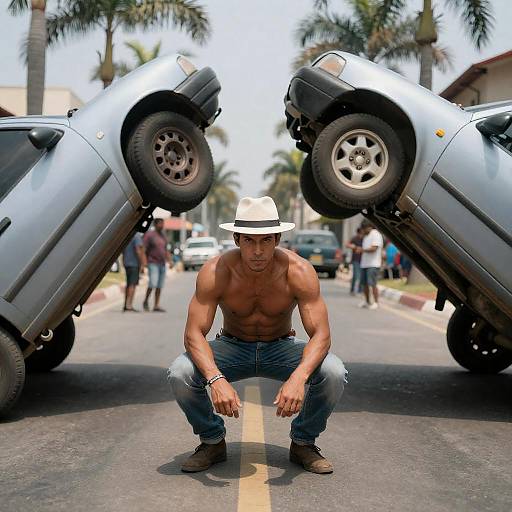 Shirtless Man Crouching Between Upright Cars on Street