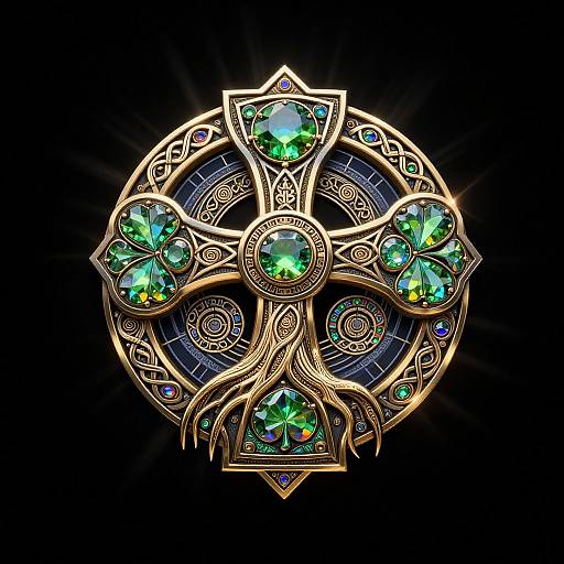 Ornate, gold Celtic cross pendant with five vibrant green gemstones, intricate patterns, and radiant glow against a dark background. Digital art.