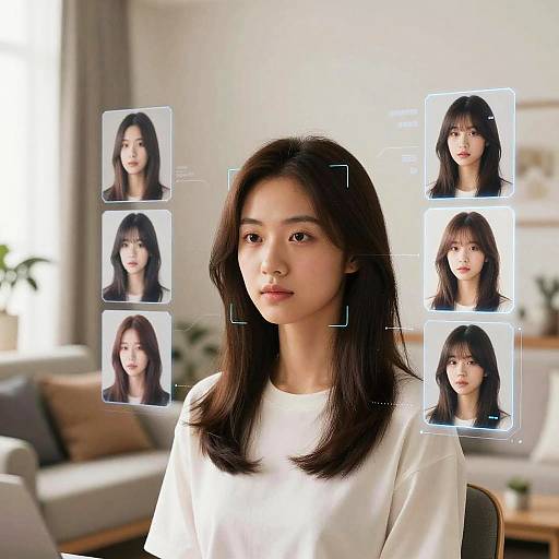 Photograph of an Asian woman with straight black hair, wearing a white sweater, centered against a blurred living room background. Overlaid digital images of