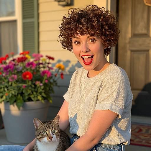 Photograph of a curly-haired, wide-eyed, smiling boy in a white knit shirt, holding a tabby cat, with colorful flowers and a wooden
