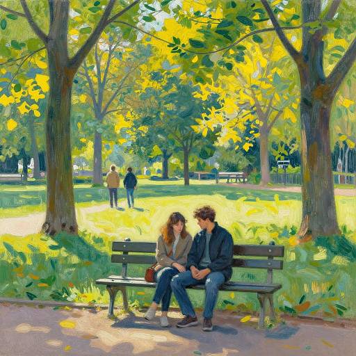 Digital painting of a sunlit park: curly-haired woman and curly-haired man on bench, yellow-leaved trees, distant walker, bright green grass.
