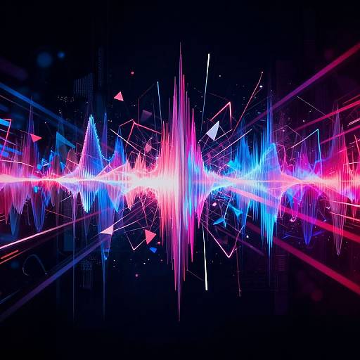 Vibrant, abstract digital artwork featuring neon pink, blue, and purple streaks and geometric shapes against a black background, creating a dynamic, energetic