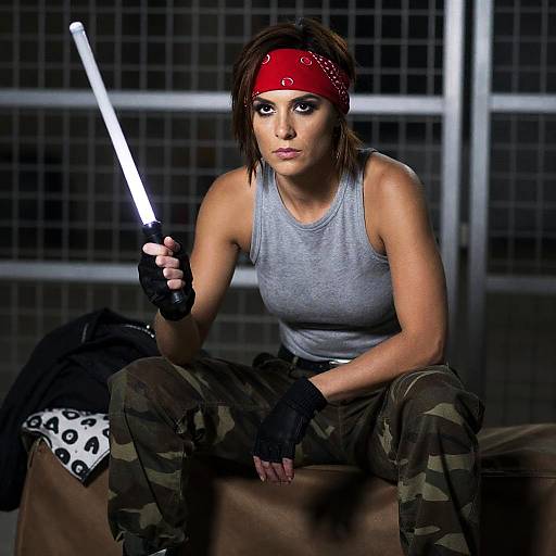 Intense Woman in Camouflage Setting