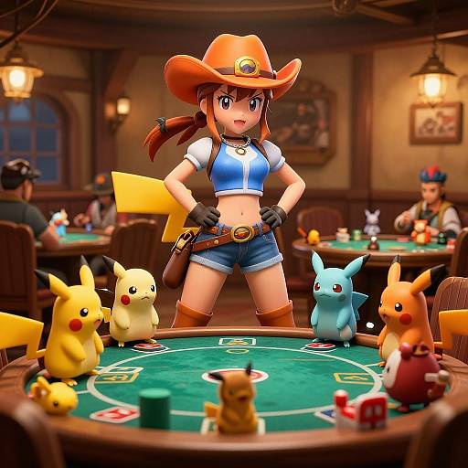 Digital artwork: Anime-style girl in cowboy hat, blue top, denim shorts, standing confidently at poker table with Pikachu, Raichu, Bulbas