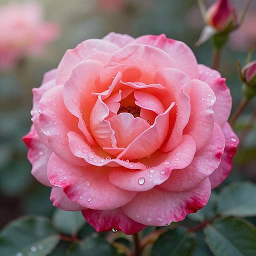 Close-up photograph of a pink rose with dewdrops on its petals, displaying a vibrant gradient from pink to red at the edges, set against a blurred