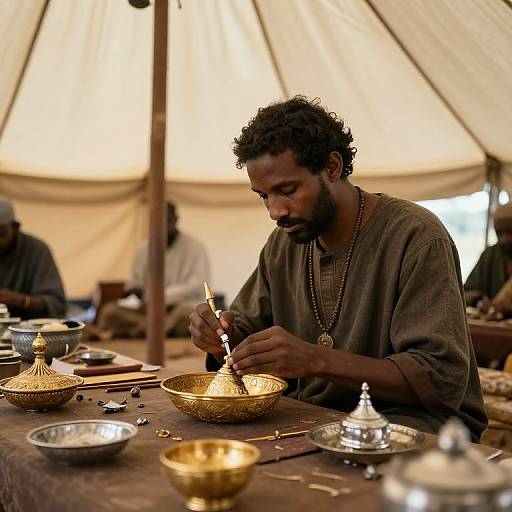 Photograph of a Black man with curly hair, focused on metalwork, wearing a brown tunic, inside a beige tent, surrounded by silver and