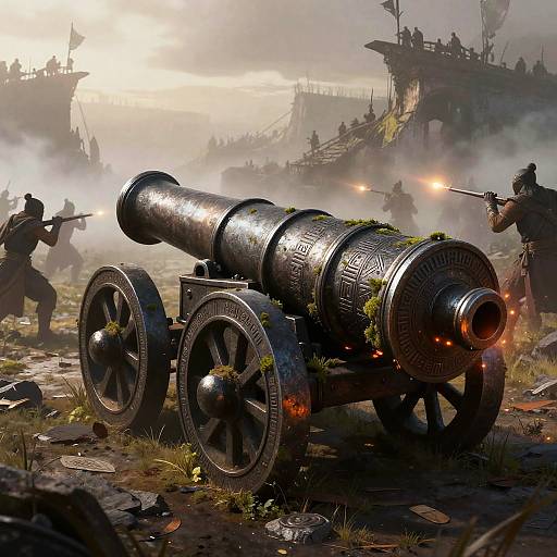 Digital artwork of a large, ancient cannon with intricate designs and green moss, firing in a foggy, medieval battlefield with soldiers.