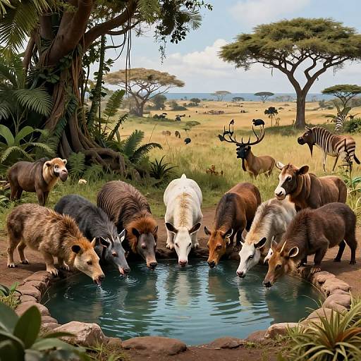 Photorealistic digital painting of African wildlife at a waterhole, featuring hyenas, wildebeests, zebra, and antelope, surrounded