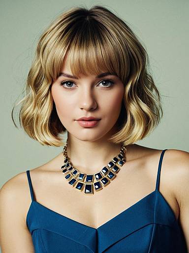 Blonde Woman in Blue Dress with Necklace