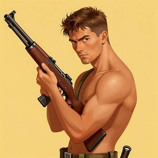 Muscular Shirtless Man Holding Rifle