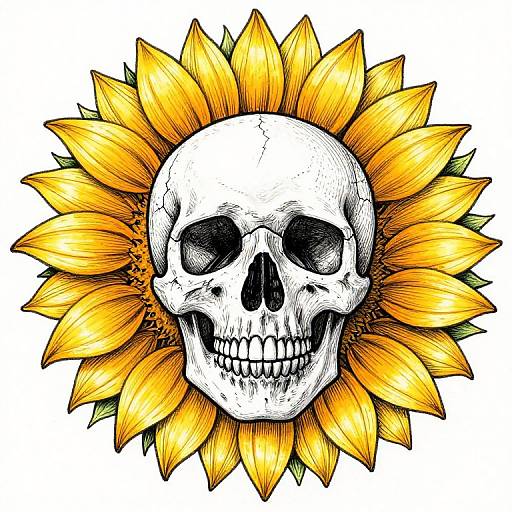 Detailed digital illustration of a sunflower with a white, crack-lined skull at its center, blending black ink and vibrant yellow petals.