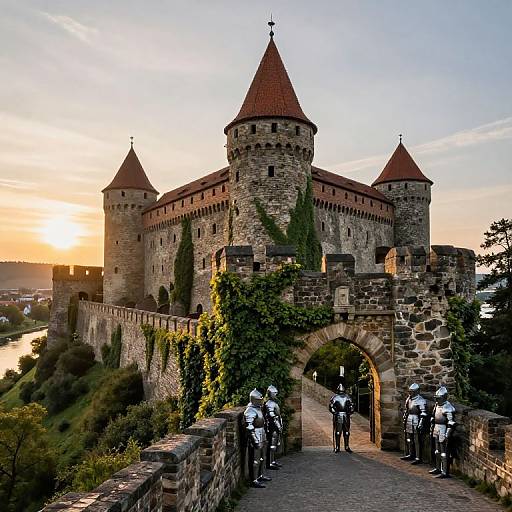 Photograph of a medieval stone castle at sunset, with six uniformed guards standing in front of an arched entrance, surrounded by lush greenery and