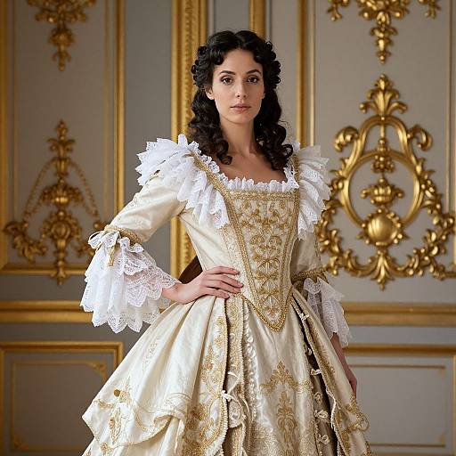 Photograph of a dark-haired woman in an ornate, cream-colored, gold-embroidered Renaissance-style dress with white lace trim, standing in