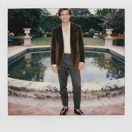 Photograph of a man with wavy brown hair, wearing a brown velvet blazer, white shirt, dark pants, and loafers, standing in