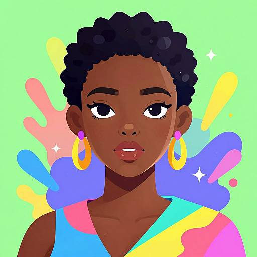 Digital illustration of a dark-skinned woman with curly black hair, large yellow hoop earrings, and colorful abstract background. She has expressive eyes and wears a