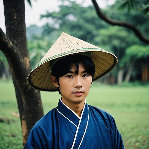 Vietnamese Man in Traditional Costume and Non La Hat