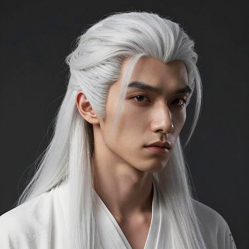 Digital portrait of a serious Asian man with long, white, flowing hair, wearing a white robe, against a dark background.