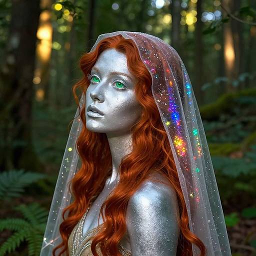 Photograph of a silver-painted, red-haired mannequin with glowing green eyes, wearing a transparent veil adorned with colorful lights, in a dark