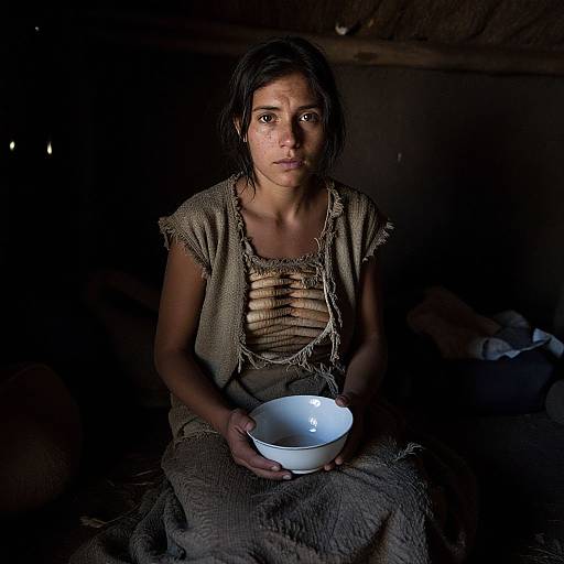 Photograph of a young Indigenous woman with short black hair, wearing a tattered brown dress, holding a white bowl, seated in a dimly lit