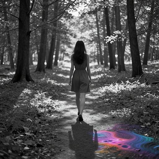 Silhouette of a woman in a dress walking through a sunlit forest path, with a colorful rainbow light reflection on the ground. Black-and-white photograph