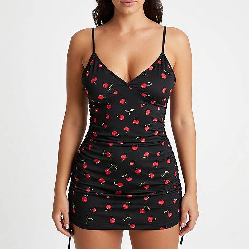 Photograph of a woman with light skin wearing a black, cherry-patterned, V-neck, spaghetti-strap mini dress against a white background.