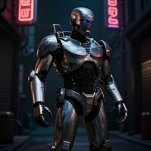 CGI image of a sleek, silver robotic humanoid with blue visor eyes standing in a dark, neon-lit alley at night.