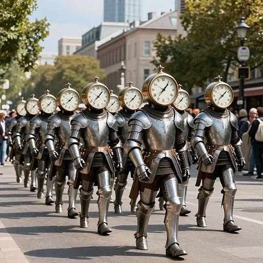 Photograph of a parade featuring a line of clock-faced, silver medieval knights marching down a city street with trees and buildings in the background.