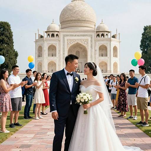 Photograph of an Asian couple in wedding attire, holding flowers, standing on a path with balloons, in front of the Taj Mahal. Guests in