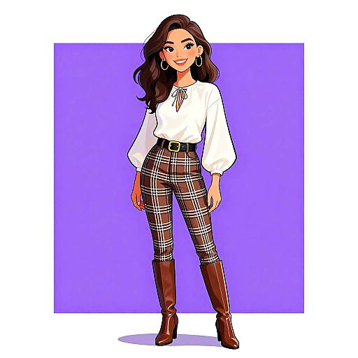 Digital illustration of a smiling woman with long dark hair, wearing a white blouse, plaid pants, brown belt, and knee-high brown boots, against