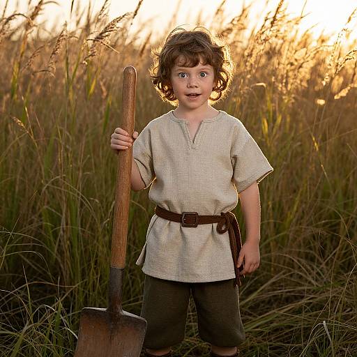 Photograph of a young boy with curly brown hair, wearing a beige tunic and brown belt, holding a wooden shovel in a sunlit, tall