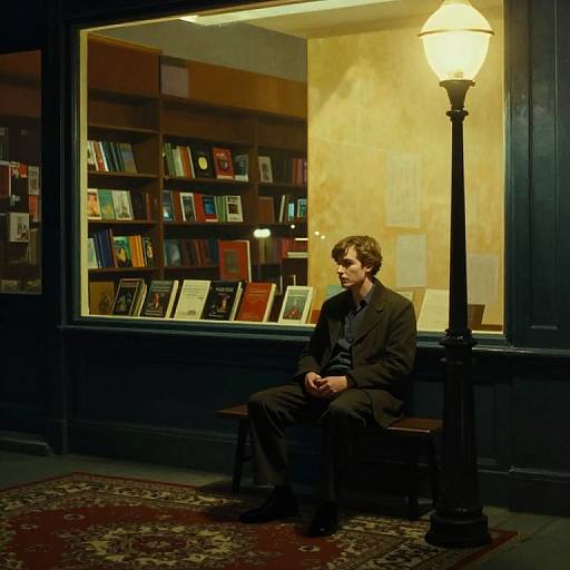 Photograph of a young man in a black suit sitting on a bench under a streetlamp in front of a well-lit bookstore with shelves of colorful