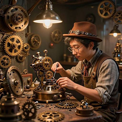 Photograph of an Asian man in a brown hat and glasses, meticulously assembling intricate brass gears in a dimly lit, steampunk-style workshop.