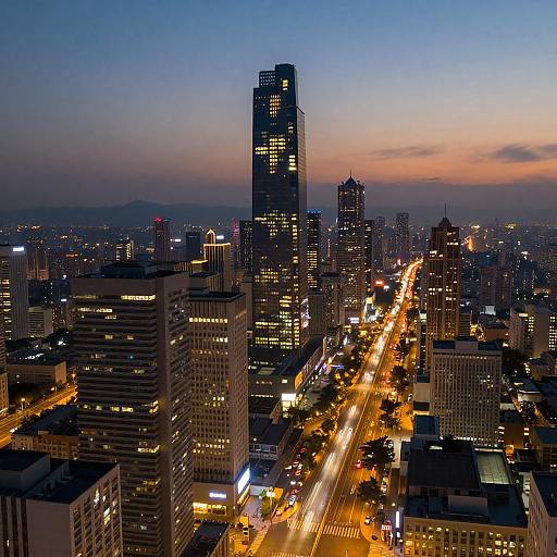 Dusk Cityscape with Illuminated Skyscrapers