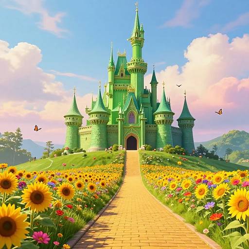 Vibrant digital illustration of a green, fairy-tale castle with multiple spires, surrounded by sunflower fields and butterflies, under a bright blue