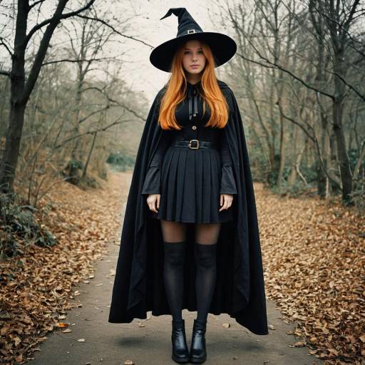 Young Woman in Witch Costume in Autumn Forest