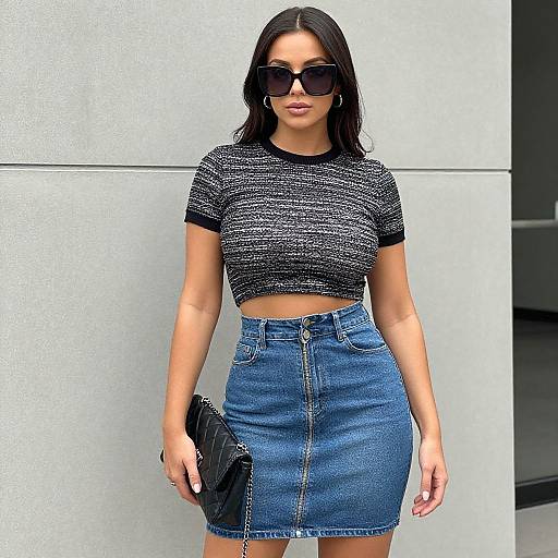 Photograph of a Latina woman with long black hair, wearing large black sunglasses, black textured crop top, blue denim skirt, and holding a black clutch