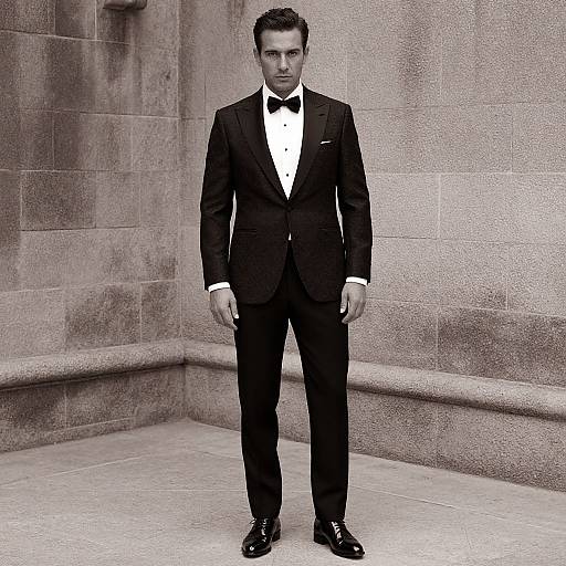 Photograph of a serious-looking man in a black tuxedo with a white shirt and black bow tie, standing in a stone-walled corridor.