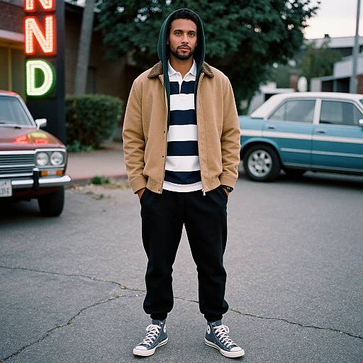 Photograph of a young Black man with a beard, wearing a beige jacket, black and white striped shirt, black pants, and black sneakers, standing