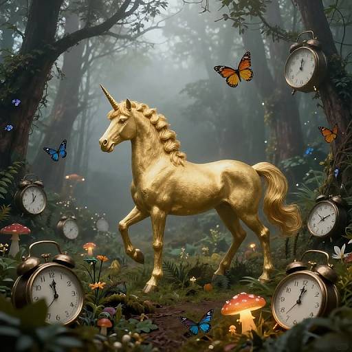 Digital fantasy artwork: Golden unicorn with shimmering coat, standing in a mystical forest surrounded by clocks, butterflies, mushrooms, and soft fog.