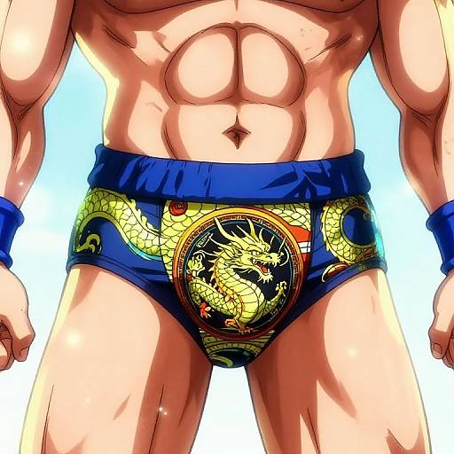 Muscular man's lower torso in blue briefs with yellow dragon emblem and red accents, standing against bright blue sky. Digital artwork.