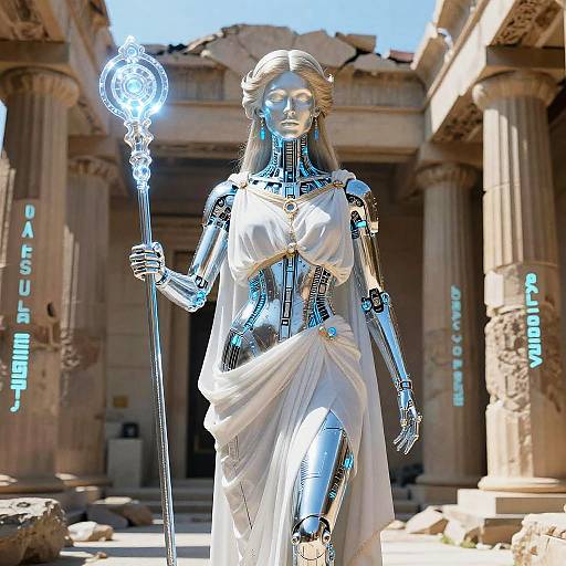 AI Greek Goddess in Cybernetic Temple