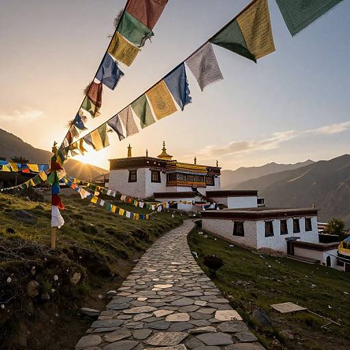 Photograph of a Himalayan monastery at sunset, with colorful prayer flags strung overhead, stone pathway leading to white buildings, and mountains in the background